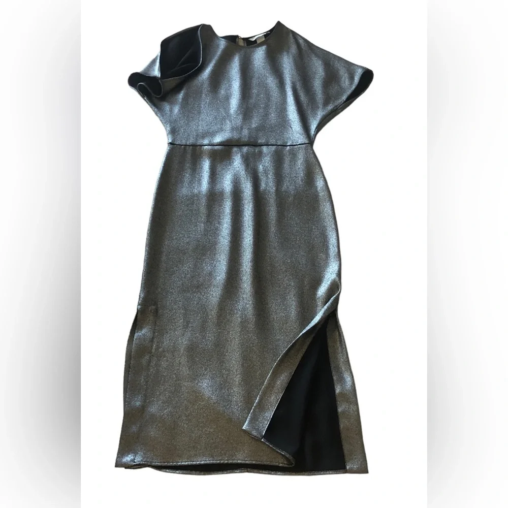 H&M Ladies Black & Silver Glitter Slit Cap Sleeve Fitted New Years Eve Dress - Picture 2 of 11